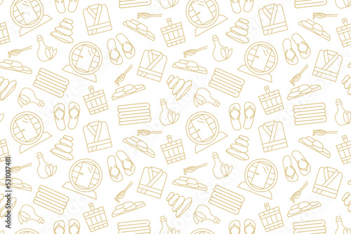 seamless golden pattern with sauna, spa icons: barrel sauna, hot stones, wooden bucket, bathrobe, flip flops, towels, essential oil- vector illustration