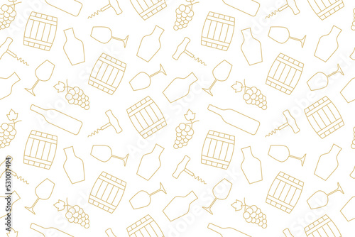 golden seamless pattern with wine related icons: grapes, barrel, goblet, decanter, glass, corkscrew, , great for wrapping, textile, wallpaper, greeting card- vector illustration