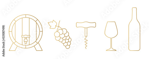 set of golden wine icons: wooden barrel with faucet, grapes, corkscrew, goblet and bottle - vector illustration