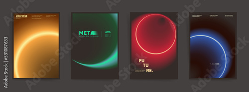 Neon gradient backgrounds for poster, brochure, placards set. Neon modern graphic collection for autumn technology business design. Vector dark space design.