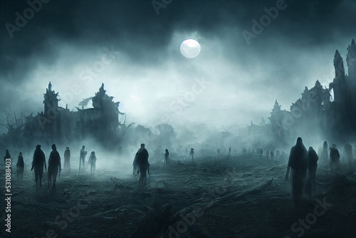 landschaft mit zombie silhouetten. halloween nachtszene mit verlorenen seelen, generative ai technology