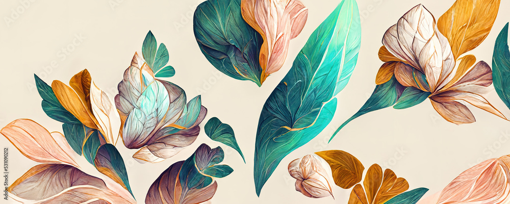 Spectacular pastel template of flower designs with leaves and petals. Natural blossom artwork features with multicolor and shapes. Digital art 3D illustration. - obrazy, fototapety, plakaty 