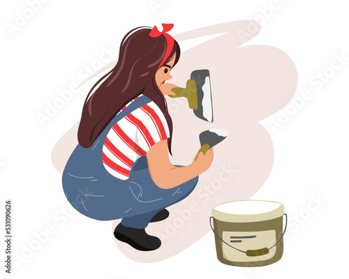  A young woman plasterer builder at work, takes plaster from a bucket and puts it on a trowel to plaster a wall. House interior renovation. Vector illustration
