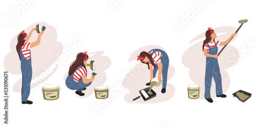 A young woman builder painter and plasterer at work takes plaster from a bucket and puts it on a spatula to plaster a wall. Painting the walls with a molar roller. Repair of the interior of the house.