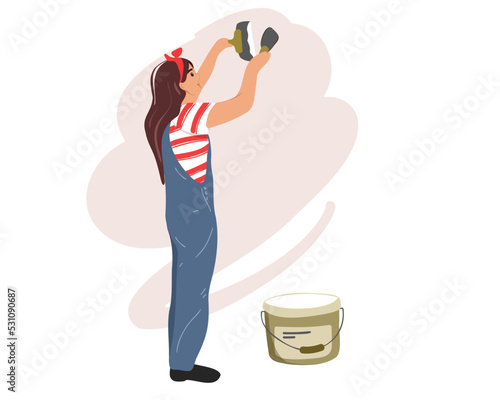  A young woman plasterer builder at work, takes plaster from a bucket and puts it on a trowel to plaster a wall. House interior renovation. Vector illustration