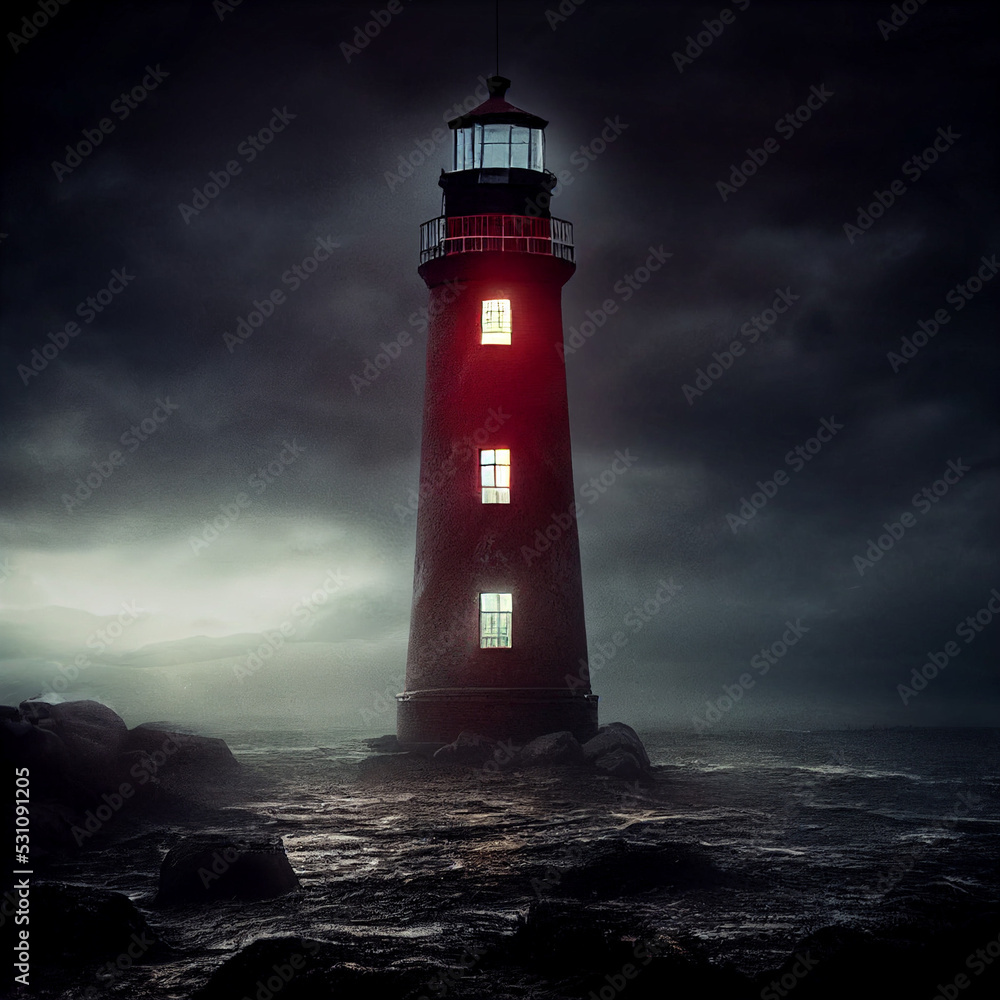 Bedrohlicher Leuchtturm in der Nacht in typischer Horrorfilmatmosphere auf dem Meer