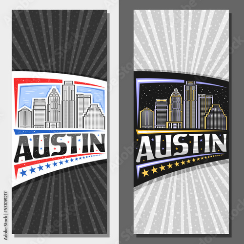 Vector vertical templates for Austin, decorative ticket with line illustration of urban austin city scape on day and dusk sky background, art design tourist card with unique lettering for word austin