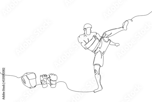 Kickboxer and MMA gloves and helmet set one line art. Continuous line drawing boxing, fight gloves, kicking, battle, MMA, strength, kickboxing, taekwondo, mixed martial arts fighter, sport.