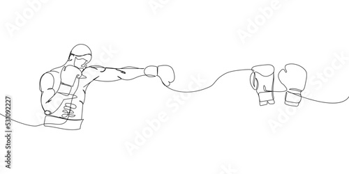 Boxer and boxing gloves set one line art. Continuous line drawing protective mask, boxing, fight, hit, athletes, battle, man, sport, boxing ring.