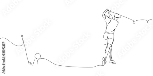 Golf player with club and ball set one line art. Continuous line drawing hitting the ball with a club, game, golf, player, relaxation, competition, club, hole, status, sport.