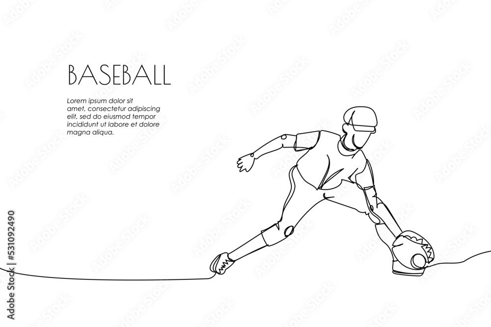Web banner with baseball player, pitcher, catcher one line art. Continuous line drawing of promotion poster sport, team game, catch ball, baseball glove, boy, baseball uniform, leisure, hobby.