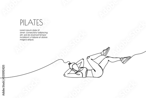 Web banner with woman doing abdominal exercise one line art. Continuous line drawing of promotion poster sports, fitness, pilates, athletics, strength, athlete, woman, gym, stretching, body workout.