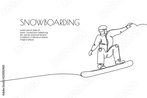 Web banner with guy riding a snowboard one line art. Continuous line drawing of promotion poster sport, winter sports, do tricks, snowboarding, competition, extreme, uniform, man, leisure, hobby.