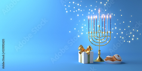 3d rendering Image of Jewish holiday Hanukkah with menorah or traditional Candelabra,gif box, doughnut on a  blue background.