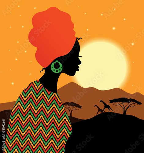 Tropical landscape. Beautiful black woman in turban. African savannah card with sunset.