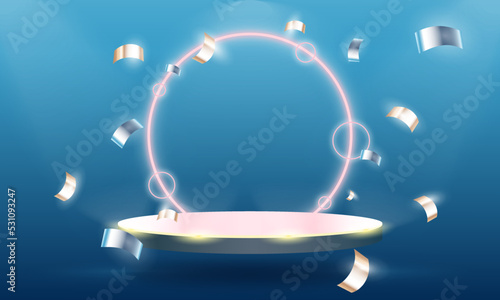 Glowing podium with neon round lights and glitter on a blue background with lanterns