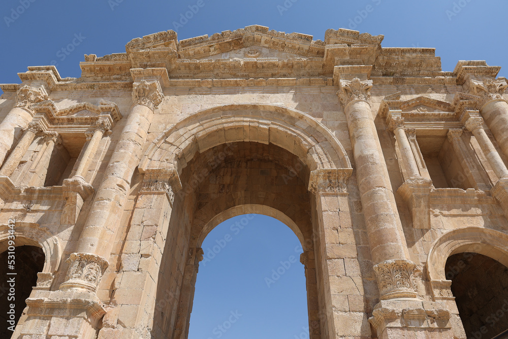 details of greco-roman hadrian arch in archaelogical site of Jerash details of greco-roman hadrian arch in archaelogical site of Jerash