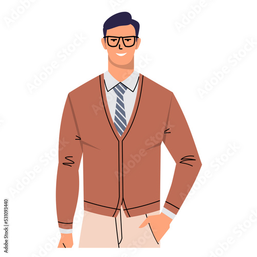 A young man in a tie and glasses isolated on a white background.
Business man, manager, teacher, office worker in flat style. A male character keeps one hand in his pocket and smiles. Vector.
