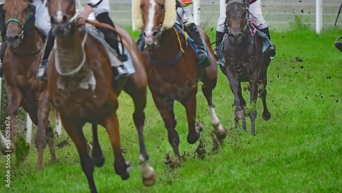 Horse racing, hooves scatter grass during the race. Recorded in slow motion. photo