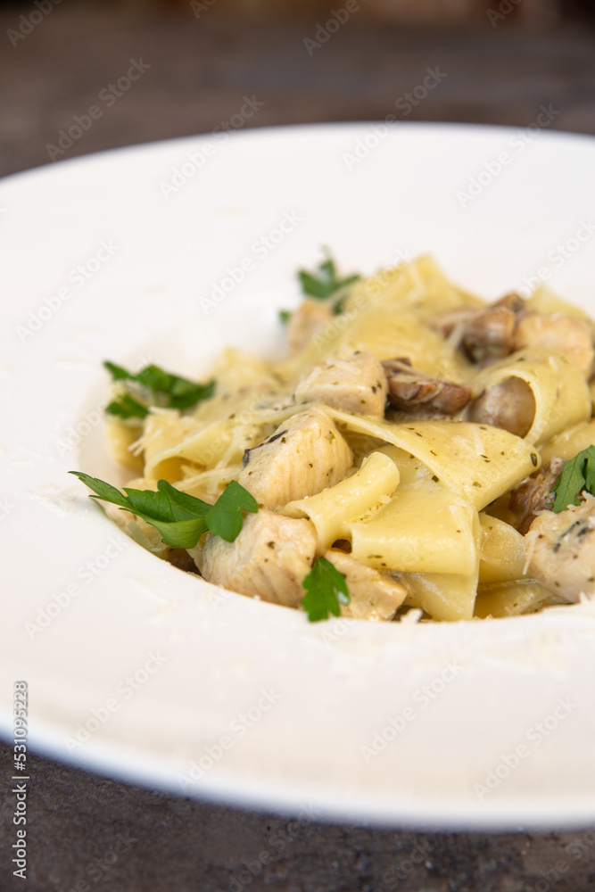 chicken and mushroom pasta close-up on a white plate