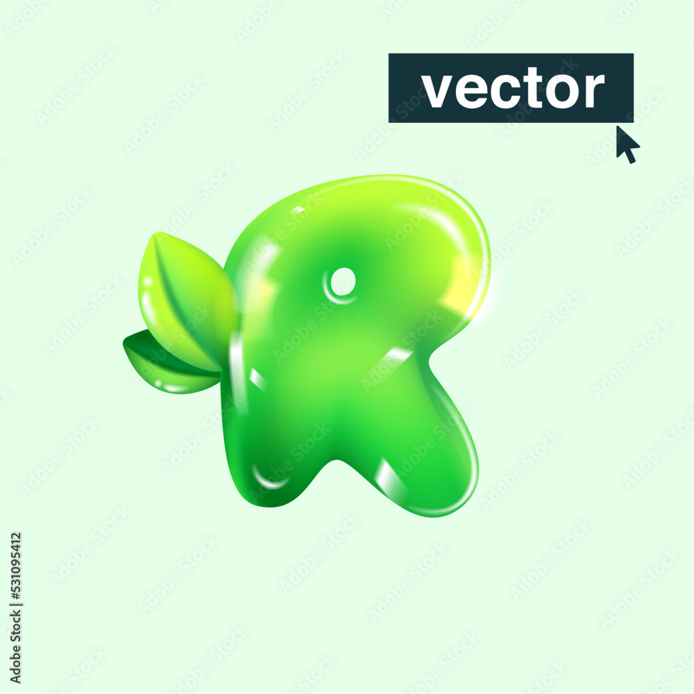 Obraz premium R letter eco logo in realistic 3D design and cartoon balloon style. Glossy green vector illustration.