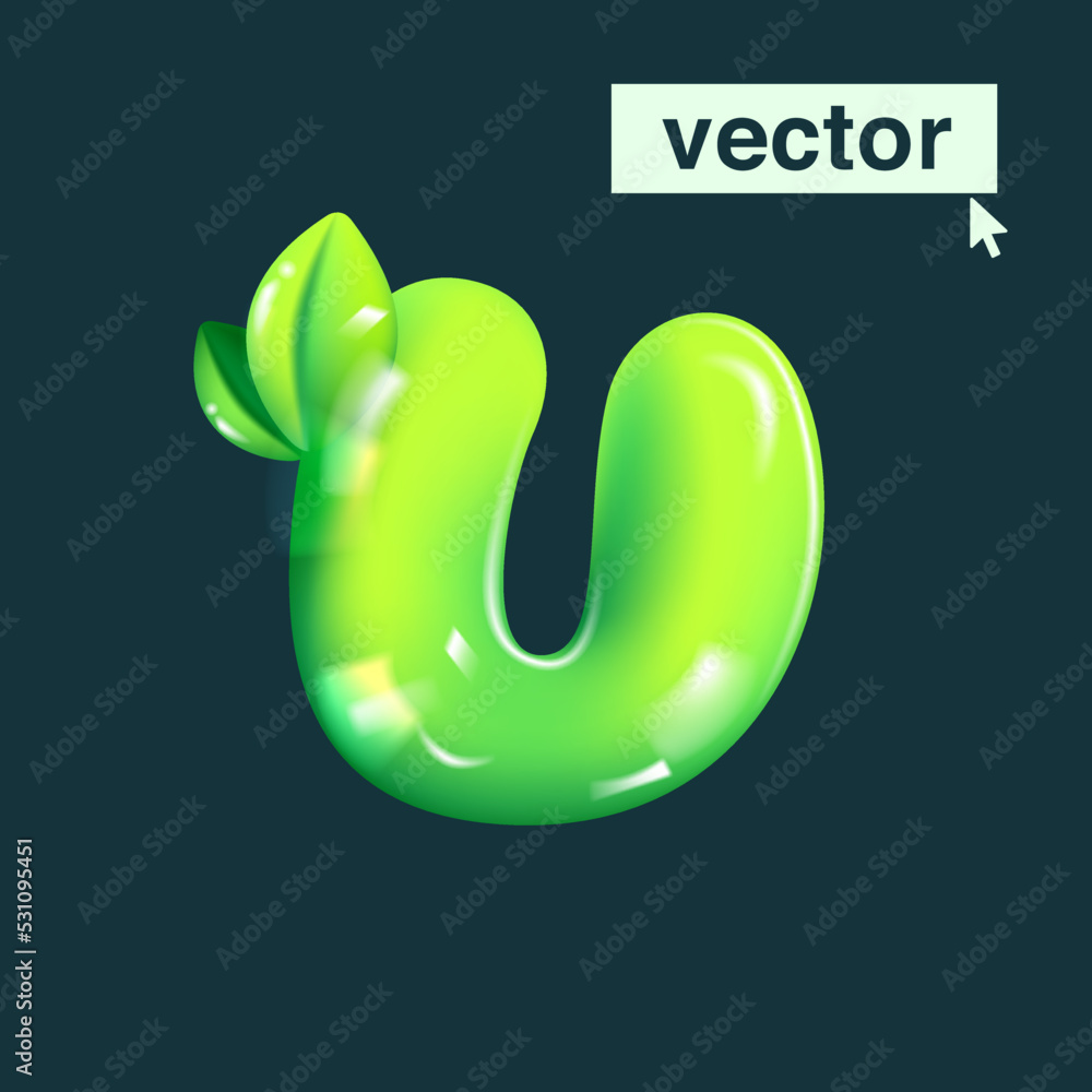 Fototapeta premium U letter eco logo in realistic 3D design and cartoon balloon style. Glossy green vector illustration.
