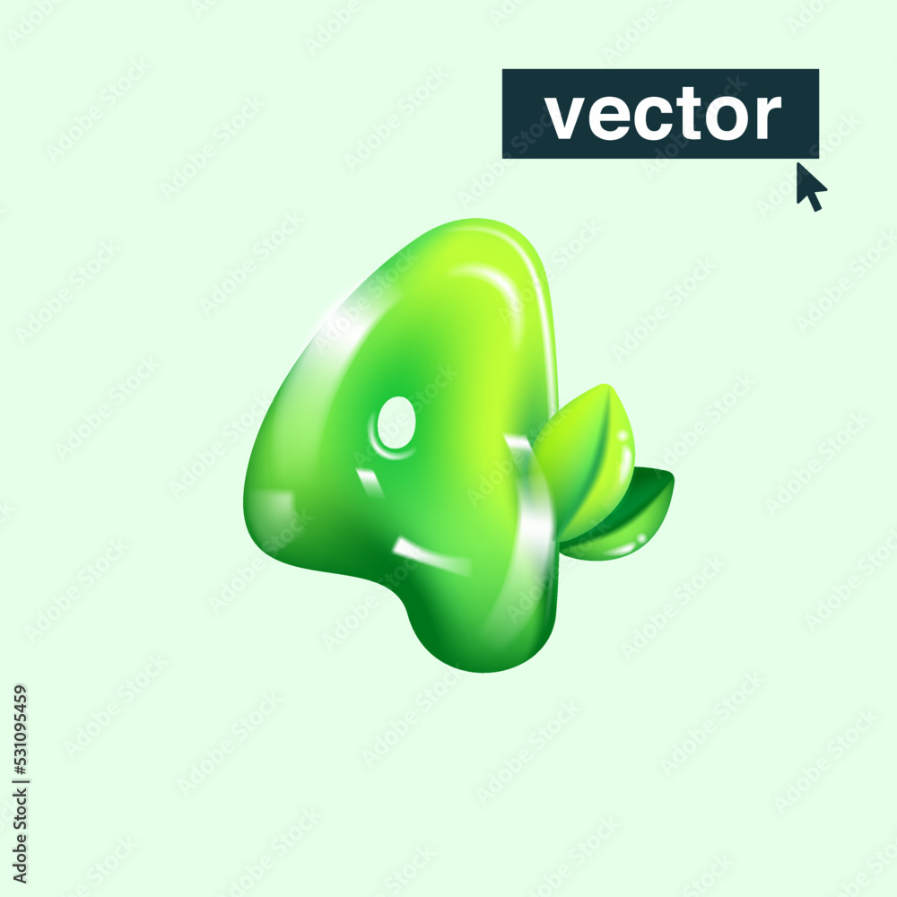 Number four eco logo in realistic 3D design and cartoon balloon style. Glossy green vector illustration. Number four eco logo in realistic 3D design and cartoon balloon style. Glossy green vector illustration.
