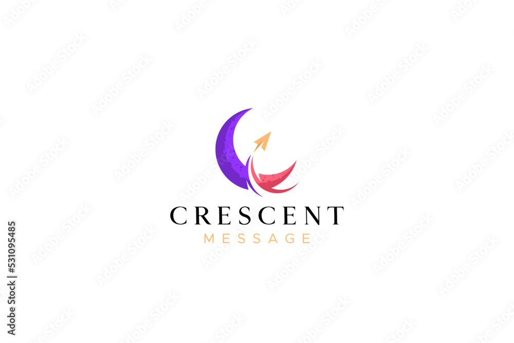Logo Moon Crescent and Paper Plane Message. Invitation Reach Your Dream and Purpose Motivation Sign Symbol. Logo Moon Crescent and Paper Plane Message. Invitation Reach Your Dream and Purpose Motivation Sign Symbol.