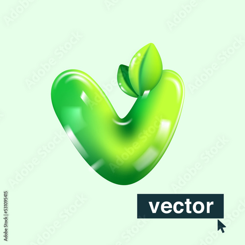 V letter eco logo in realistic 3D design and cartoon balloon style. Glossy green vector illustration.