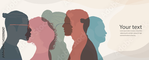 Banner copy space multicultural collaborators or co-workers. Community group diversity silhouette people from the side. Concept of bargain agreement or pact. Collaborate.Colleagues. Team