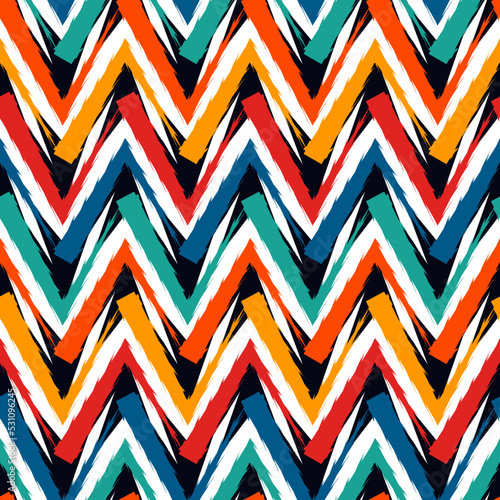 Ethnic seamless pattern. Freehand zigzag stripes print. Boho chic design background. Tribal style wallpaper. Brush wavy lines. Handdrawn geometric ornament. Chevron backdrop. Indigenous image