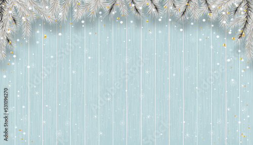 Christmas background with snowflakes on blue wood texture,Vector Winter scene with snowing on wooden panel texture,3D display banner backdrop for New Year 2023 or Christmas promotion