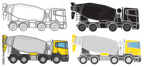 Set of Concrete mixer truck in isolate on white background. Construction equipment. Vector illustration.