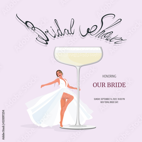 Bridal shower honoring bride. Woman with a glass of champagne. Invitation	