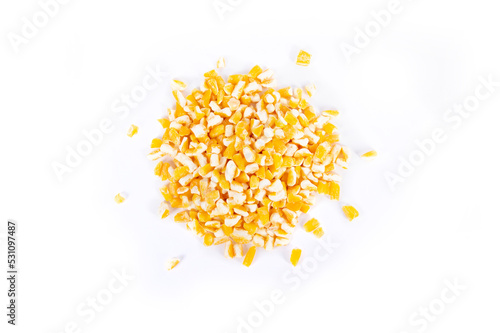 Golden Yellow Hominy Corn or Maiz Trillado Amarillo in Heap or Pile Isolated on White in Flat Lay or Birds Eye View photo