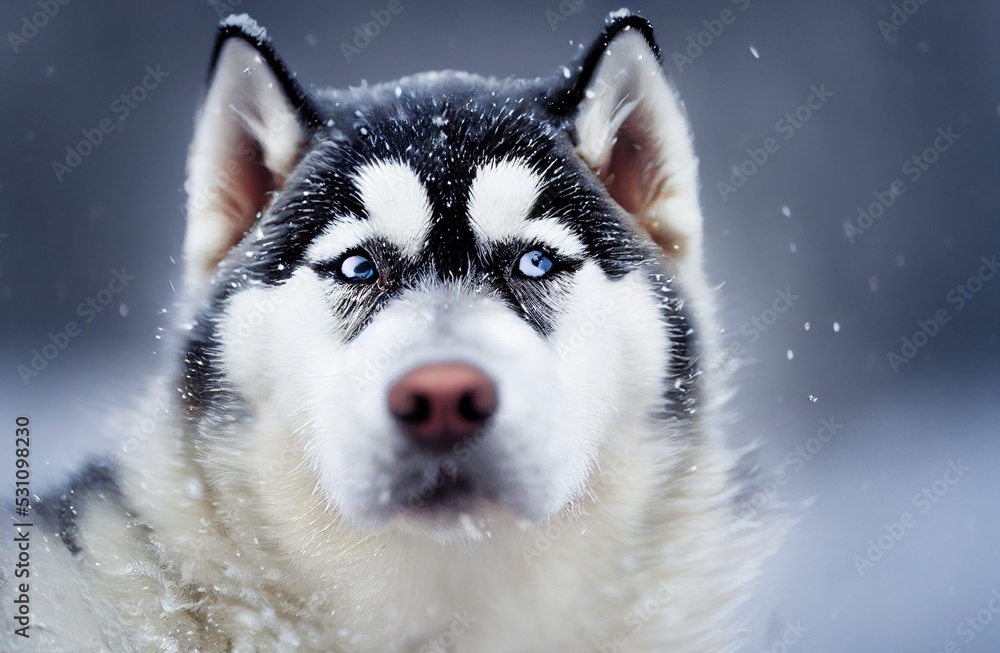 Siberian Husky Dog in the Winter Snow with Frosted Fur