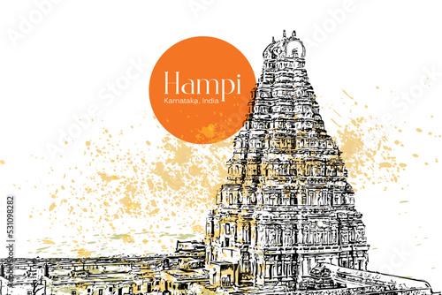 Virupaksha Temple, Hampi Karnataka, India, vector hand drawing illustration 