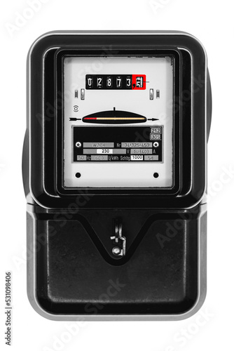 Alter Stromzähler zur Anzeige des Stromverbrauchs, freigestellt auf weißem Hintergrund