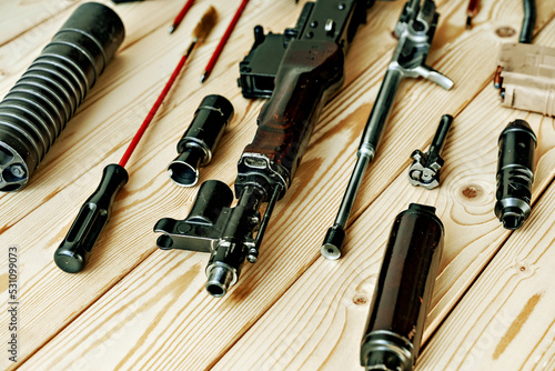 Canvas Print Gunsmith's working table for gun cleaning and maintaining