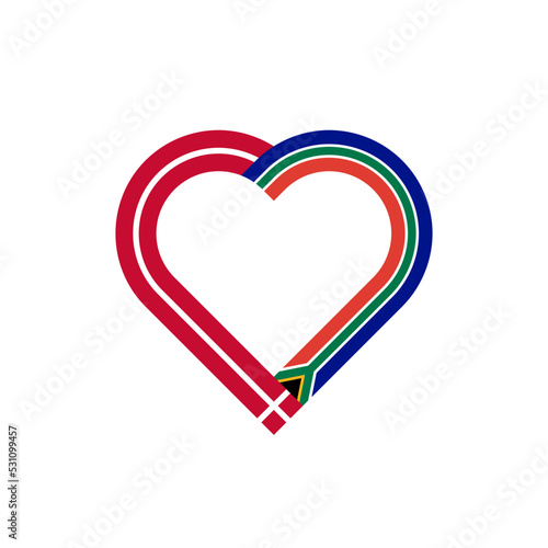 friendship concept. heart ribbon icon of denmark and south africa flags. vector illustration isolated on white background