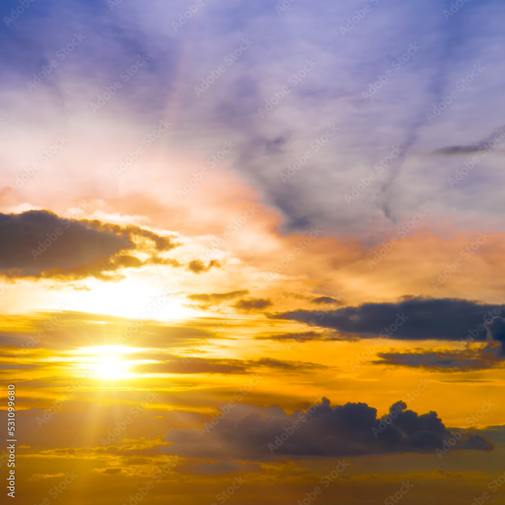 Beautiful sky with bright sunset (sunrise) and clouds.