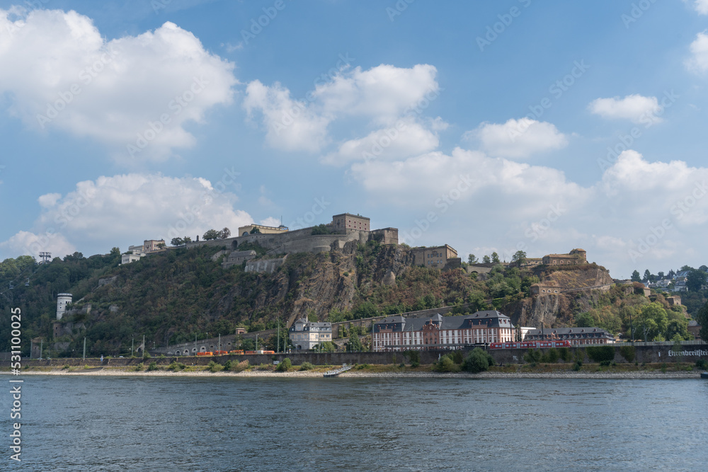 View to the fortress called Ehrenbreitstein in the german city Koblenz