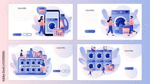 Laundry service. Tiny people laundry in washing machine. Laundromat, home appliance, housekeeping concept. Screen template for landing page, template,ui, web, mobile app, poster, banner, flyer. Vector