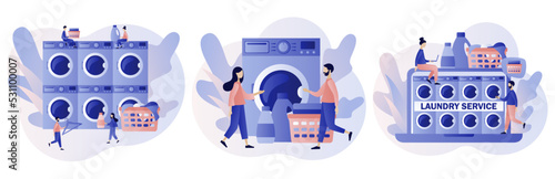 Laundry service. Tiny people laundry in washing machine. Laundromat, home appliance, housekeeping concept. Modern flat cartoon style. Vector illustration on white background