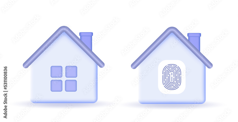 Obraz premium House icon symbols. Real estate, loan, mortgage, the concept of return. Home fingerprint badge symbols, biometric identification. 3D vector image.