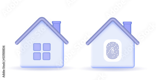 House icon symbols. Real estate, loan, mortgage, the concept of return.
Home fingerprint badge symbols, biometric identification.
3D vector image.