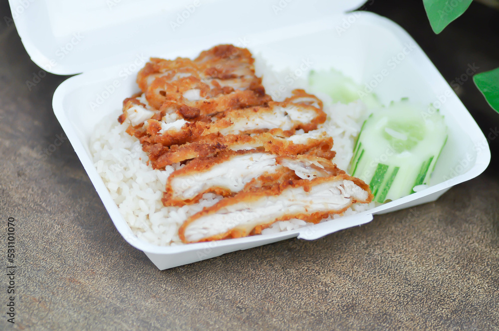rice topped with chicken or chicken rice or fried chicken and rice in the box