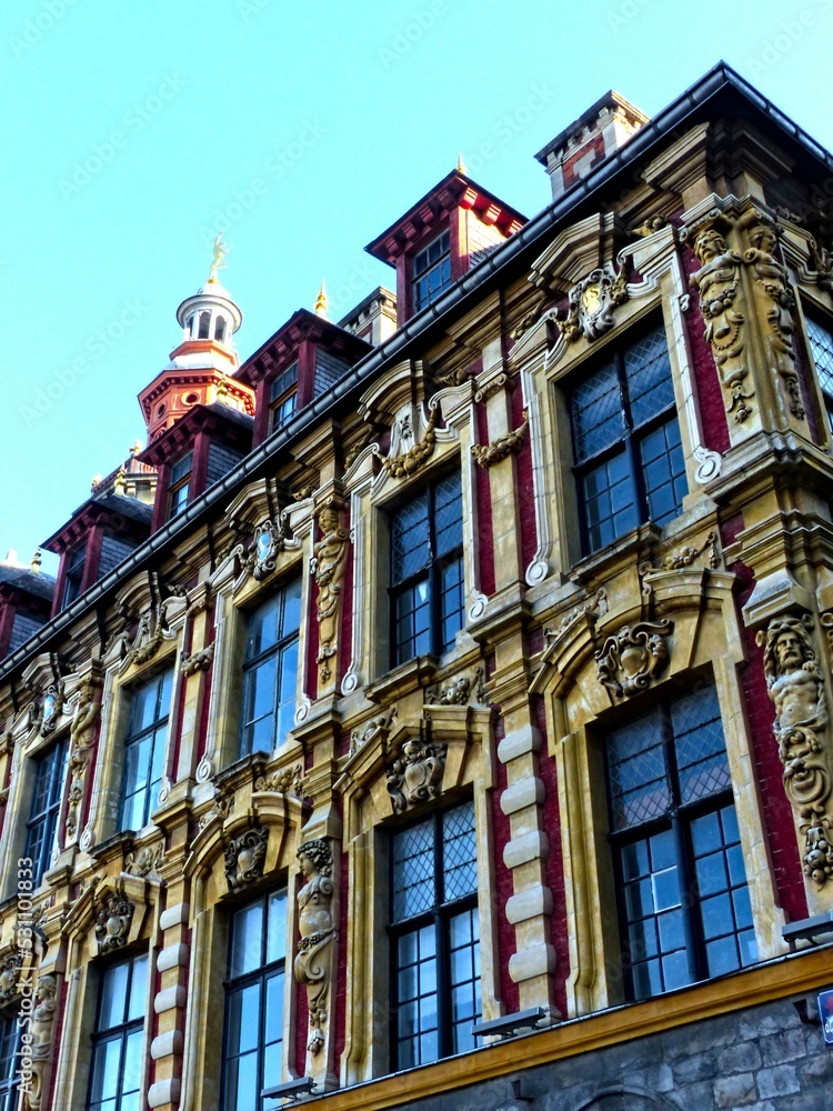 Lille, September 2022: Magnificent facades of the buildings of Lille, the capital of Flanders - Historic Monument : Old Stock Exchange