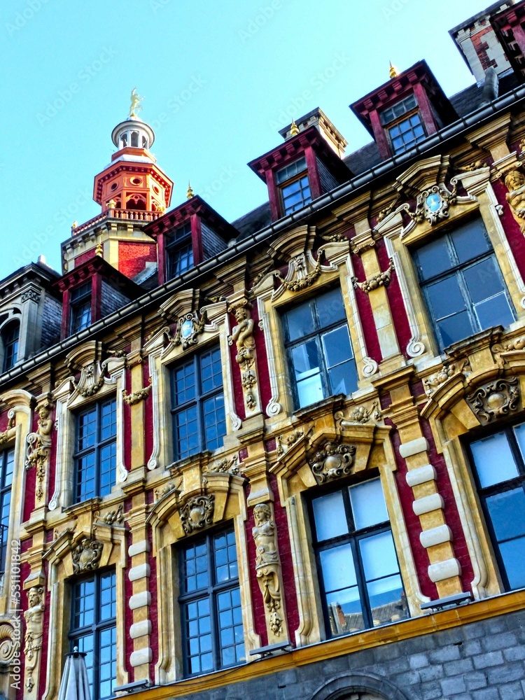 Fototapeta premium Lille, September 2022: Magnificent facades of the buildings of Lille, the capital of Flanders - Historic Monument : Old Stock Exchange