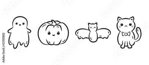 Set of kawaii Halloween characters. Collection of cute kawaii pumpkin, cat, bat and ghost in black linear drawing style. Vector illustration